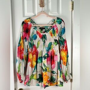 Melissa Paige Floral Boho Peasant Blouse Colorful Watercolor Top Size M